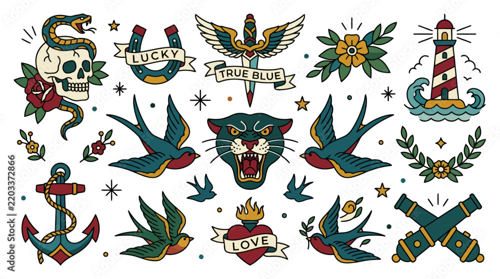 Obraz premium Traditional Tattoo Flash Art Collection: Skull, Snake, Anchor, Swallows, Panther, Lighthouse