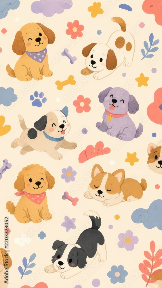 Obraz premium Cute pastel cartoon puppy pattern mobile wallpaper