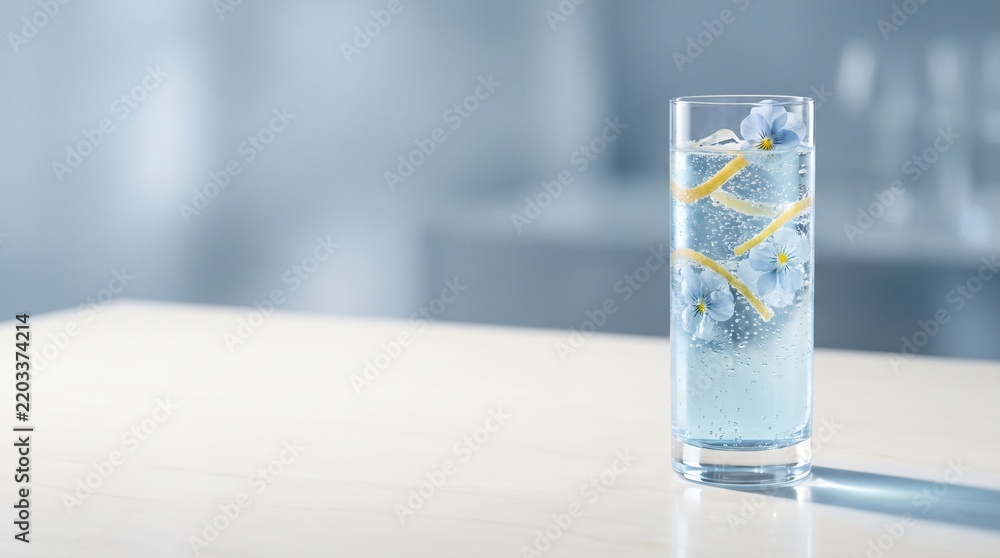 Obraz premium Premium Botanical Gin and Tonic with Floating Blue Viola Flowers