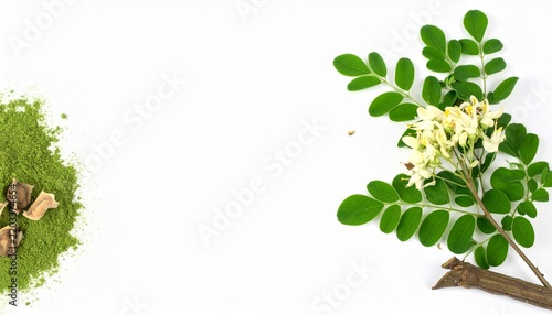 Moringa oleifera branch with white flowers and green powder on a white background with copy space