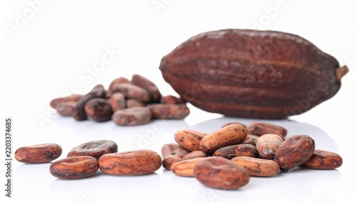 Fresh cacao pod and raw cocoa beans isolated on a white background for food industry concepts