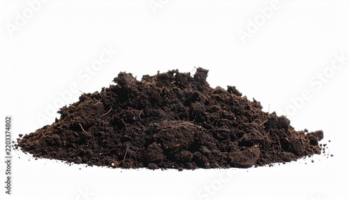 Mound of nutrient-rich dark organic soil for gardening and agriculture isolated on white background