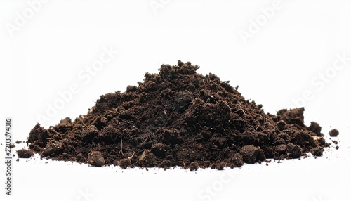 Mound of nutrient-rich dark organic soil for gardening and agriculture isolated on white background