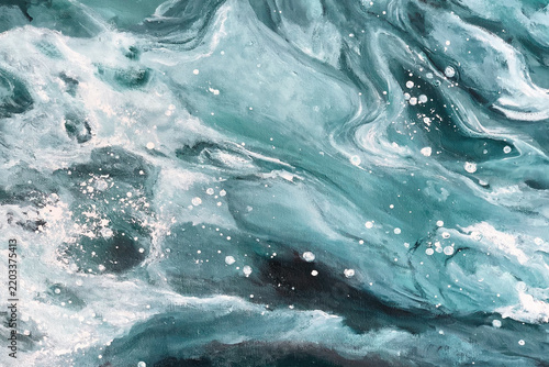 Deep teal green ocean wave fluid art texture. Abstract liquid marble acrylic pour background with white foam cells for marine design