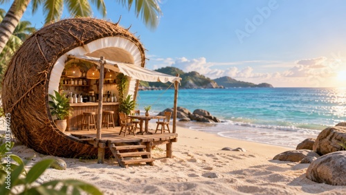Unique coconut shell beach bar design on tropical island shore for exotic summer vacation travel destination concept art
