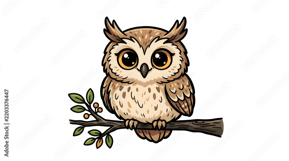 Fototapeta premium Cute cartoon owl with large eyes perched on a tree branch isolated on white