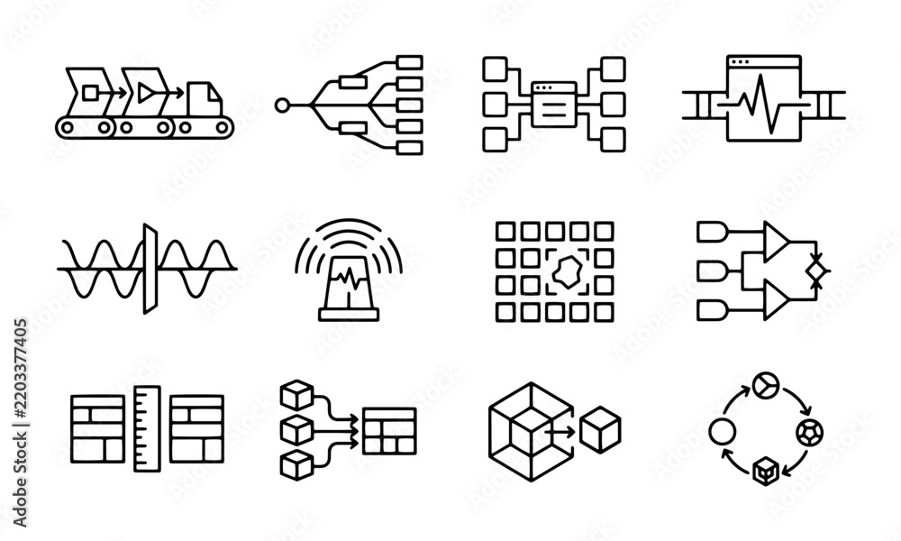 Obraz premium Data Processing Workflow Automation Stream Analytics and Integration Line Icons