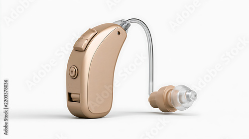 Hearing aid device with clear tubing rests on a white background