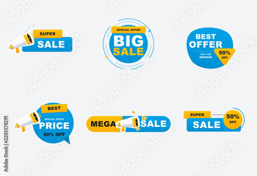Set of six blue and yellow promotional sale badges with megaphone illustrations with banners badges