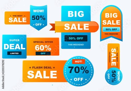 Set of colorful promotional sale badges and discount labels for retail marketing on a white background