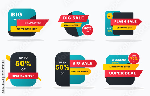 Set of six colorful flat vector sale banners with promotional text with commercial advertising marketing