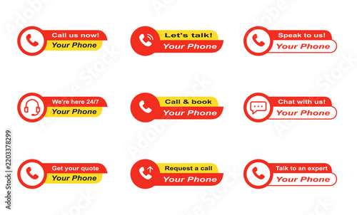 Set of nine contact call to action buttons with telephone and communication icons for business websites