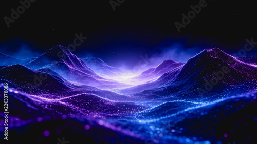 A futuristic abstract landscape made of glowing particles, featuring neon mountain shapes in purple and blue tones against a dark night sky.