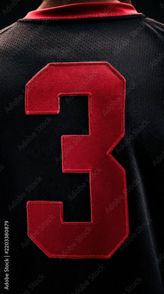 Obraz premium A large athletic number is featured on the back of a jersey with a dark background, emphasizing the sports story theme during practice.