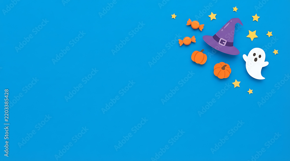 Obraz premium Happy Halloween simple flat design with ghost, witch hat, pumpkins, candy, and stars on blue