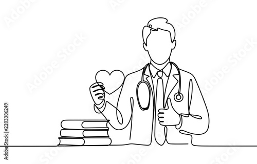 Continuous line drawing of a doctor holding a heart shape and giving a thumbs up with books on the desk