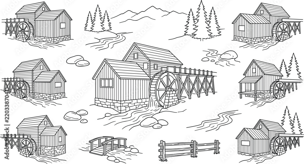 Fototapeta premium Vintage Watermill Landscape Vector Set with Rustic Wooden Mills Rivers Bridges Mountains and Pine Trees for Wilderness Outdoors Designs
