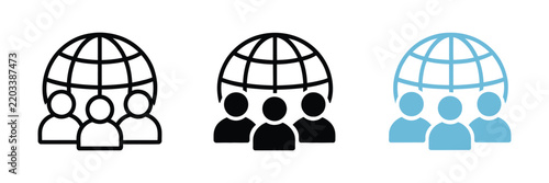 Global community icon set representing teamwork, collaboration, connected people, and worldwide communication in multiple vector styles