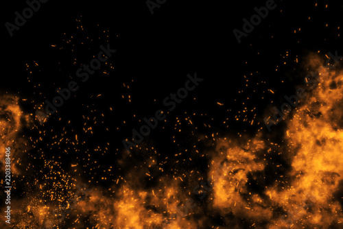 Fiery orange ember and smoke particle background collection featuring glowing sparks, floating ash, dense fire clouds and dramatic orange illumination against a deep black background, ideal for cinema