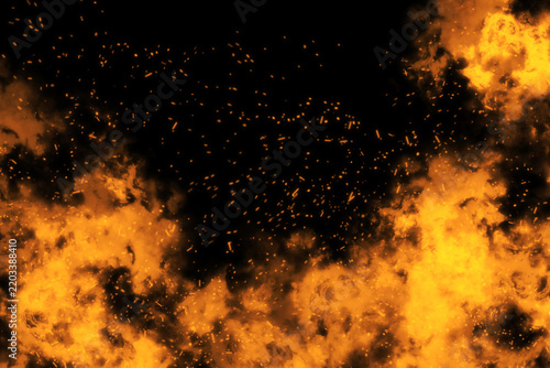 Fiery orange ember and smoke particle background collection featuring glowing sparks, floating ash, dense fire clouds and dramatic orange illumination against a deep black background, ideal for cinema