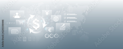 The image conveys concepts of digital banking and finance connected to a global network, featuring cybersecurity-enabled online payment systems and cashless transactions.