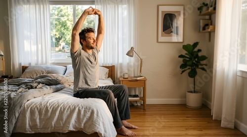 Man stretching on bed during a peaceful morning routine