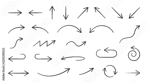 Thin pen sketch arrow set for minimal infographic and editorial design covering wavy, curved, looping, spiral and directional navigation pointers in fine line style