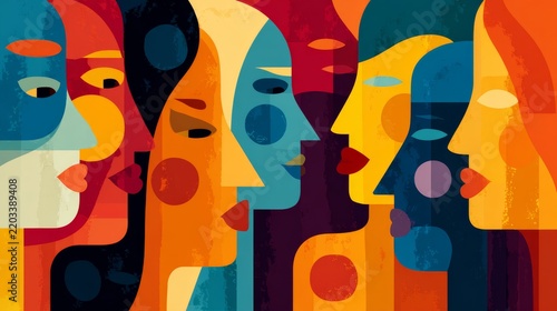 Colorful abstract figurative shapes representing diversity, inclusion, gender equality, empowerment, social harmony, community connection, sustainable development, equal opportunities, and global prog