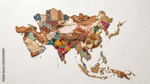 Artistic Ethnic Woven Fabric Map of Asia Continent Culture Concept