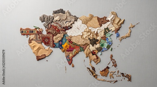 Creative Ethnic Carpet Patchwork Map Concept of Asia Continent Cultures