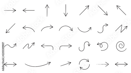 Thin pen sketch arrow set for minimal infographic and editorial design covering wavy, curved, looping, spiral and directional navigation pointers in fine line style