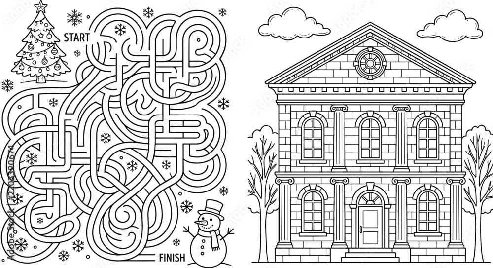 Fototapeta premium Winter maze game puzzle worksheet with snowman christmas tree and classical building architecture coloring page vector