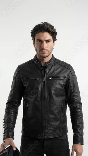 Handsome Man In Leather Jacket Removing Motorcycle Helmet on White Background. Vertical video
