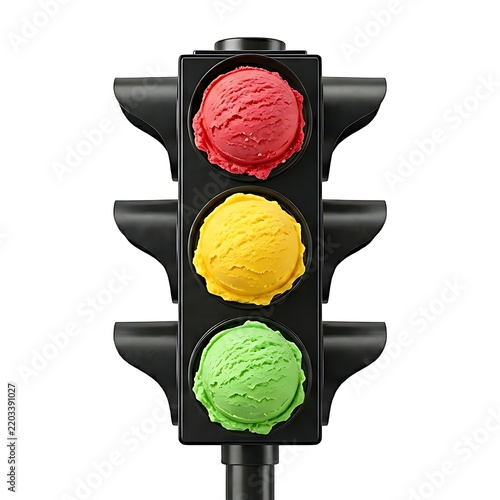 Traffic light made from three colorful ice cream scoops including a bright red at the top, a bright yellow in the middle, and a bright green at the bottom, isolated on white background