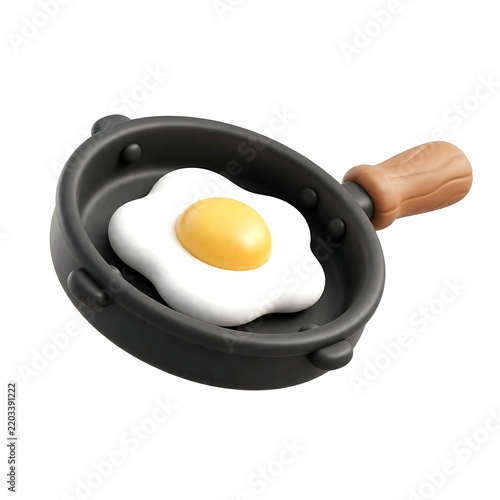 3D render isometric of a metal black frying pan with wooden handle filled with a sunny side-up egg against white background