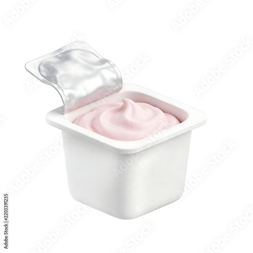 3D render isometric of white square plastic yogurt cup with a matching-sized foil lid open to reveal soft pink strawberry yogurt cream, isolated on white background