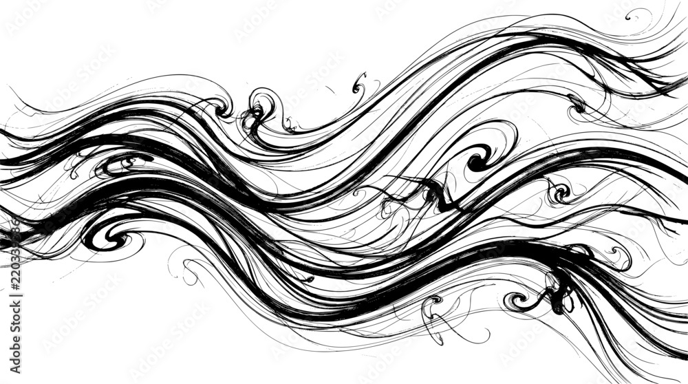 Fototapeta premium Abstract flowing lines pattern in black ink style on white background with abstract