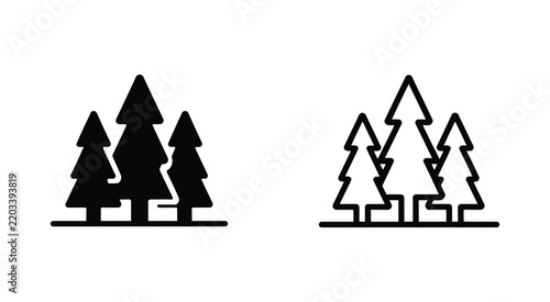 Pine trees icon featuring minimal evergreen forest silhouettes standing on ground for nature and outdoor designs