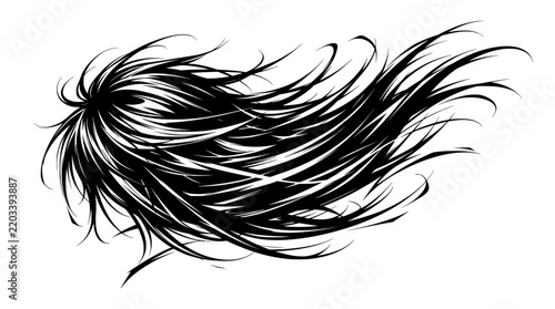 Dynamic flowing black hair strands on a white background with illustration abstract background