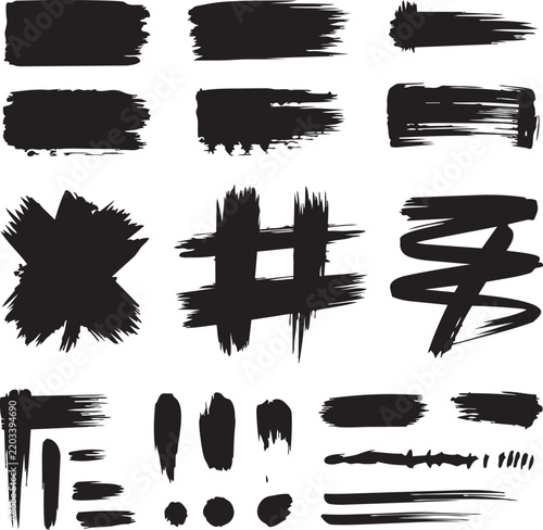 Set of Black Brush Strokes, Ink Splashes and Grunge Paint Elements, Rough Artistic Texture, Borders, Frames, Banners and Decorative Vector Design Collection