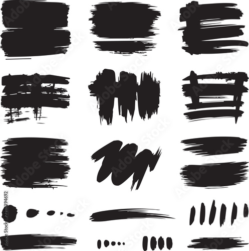 Set of Black Ink Splashes, Grunge Ink Blots and Paint Splatter Elements, Rough Brush Strokes, Stains, Borders and Artistic Texture Vector Collection