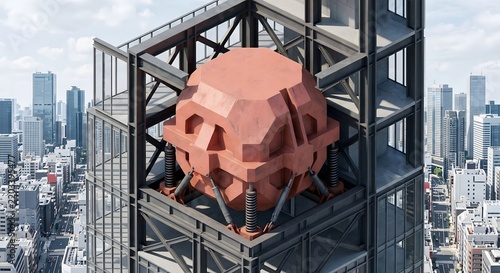 Isometric 3D visualization of a massive tuned mass damper block in matte muted coral