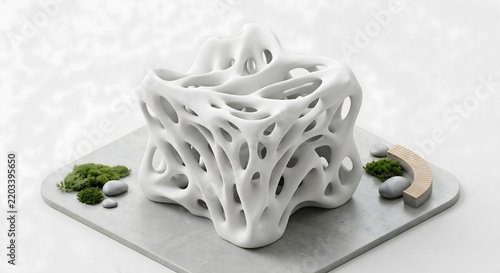 Isometric 3D visualization of a biomorphic carbon-capture monolith in matte pure white