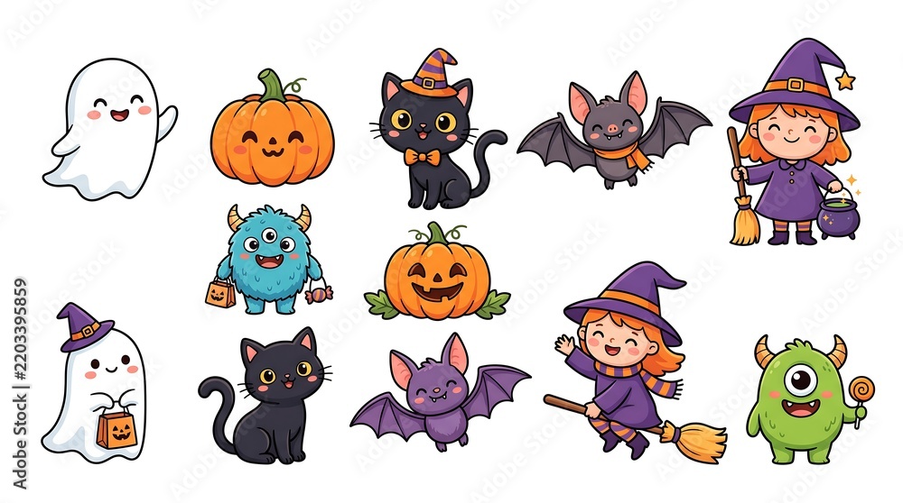 Fototapeta premium Set of cute Halloween characters including ghosts pumpkins black cats bats and little witches
