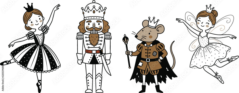 Obraz premium Cute hand drawn nutcracker ballet character set featuring ballerina prince soldier mouse king and sugar plum fairy vector