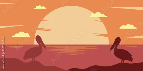 Pelican sunset coastal background with bird silhouettes on ocean beach under glowing sun in flat vector style