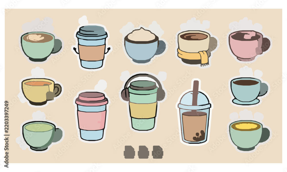 Obraz premium Cute Kawaii Coffee Cups Hot Drinks Expressive Sticker Vector Illustration Set