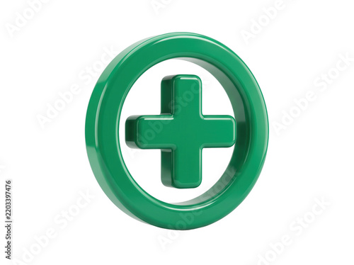 Green 3D plus sign inside a circle icon, featuring a glossy healthcare symbol and positive growth concept for medical app interface and financial progress reporting design.