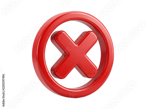 Red X-mark inside circle 3D render icon featuring glossy metallic texture for UI design, symbolizing error, rejection, and negative outcome in digital interface warning notifications.