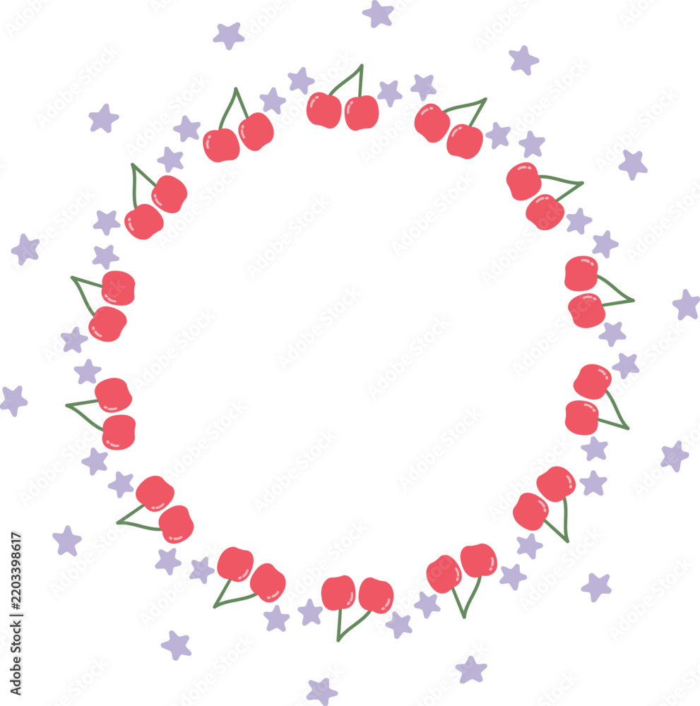 Obraz premium Snowflakes, red cherry and stars arranged frame border for decoration natue winter theme, round circle shape